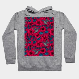 Red hibiscus and hummingbirds, tropical garden on red Hoodie